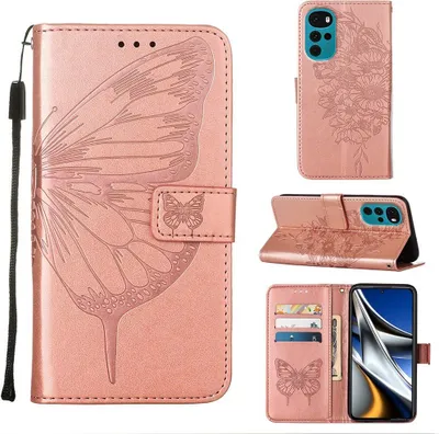 Obrázek produktu pro Moto G22 Case, Butterfly Embossing Flip Leather Card Holder Protective Case Kožené pouzdro se stojánkem pro Motorola Moto G22 Rose Gold