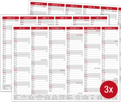 Produktbild von 3x Tafelkalender 2025 A4 - Wandjahreskalender mit Ferien & Feiertagen | Jahreskalender, Wandkalender 2025 DIN A4 als Jahresplaner | Blattkalender 12 Monate