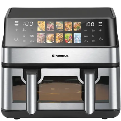 Produktbild von Heißluftfritteuse 9L, 2000W Dual Airfryer mit 2×4,5L Körben, Sichtfenster & 10 Programmen Doppelkammer-Fritteuse mit 360°Heißluft, Touchscreen & Timer