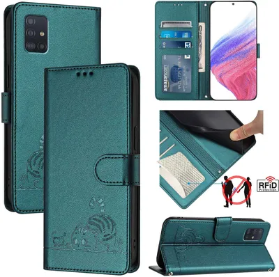 Produktbild von Leder Hülle für Samsung Galaxy A51 5G Süße Katze Flip Case Brieftasche Schutzhülle mit Standfunktion Grün