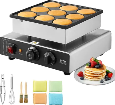 Produktbild von Pfannkuchenmaker, Antihaft-Edelstahl, 9 Mini-Pfannkuchen-Kapazität, Temperaturbereich 50-300°C, Leistungsaufnahme 850W, Temperaturregelknopf