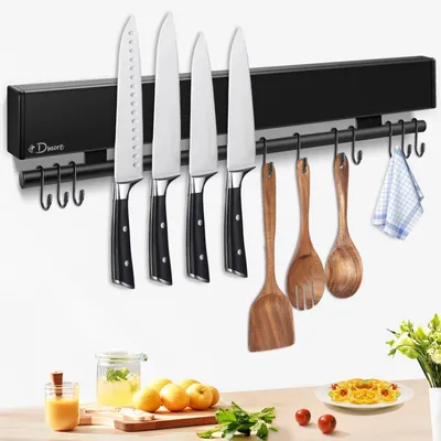 Obrázok produktu pre Magnetický držiak na nože s 10 háčikmi čierny 43 cm magnetický magnetický vrátane lepiacej pásky skrutky náradie