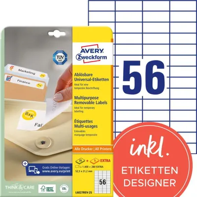 Produktbild von Avery Zweckform L6027REV-25 Universal-Etiketten, A4, 52,5 x 21,2 mm, 1.680 Etiketten/30 Bogen, weiß