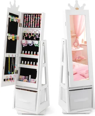 Image de COSTWAY Armoire à bijoux pour enfants 3 en 1, armoire à glace pivotant à 360° avec miroir intégral & panier de rangement en forme de couronne pour enfants de 3 ans et plus Blanc