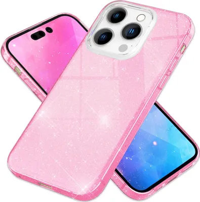 A pink glitter phone case is shown with a phone inside.