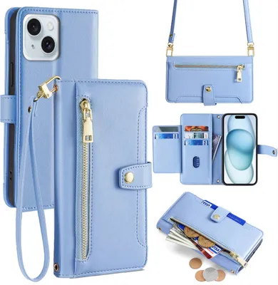 Produktbild von Handykette iPhone Hülle mit Band Handyhülle Kartenfächer Kunstleder Umhängetasche iPhone 15 Hellblau