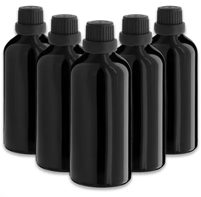 Produktbild von 5x Schwarze Glasflasche 100 ml mit schwarzem Tropfer Tropfflasche Set