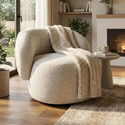 Produktbild von Drehsessel MAO 360° drehbar - Moderner Komfortsessel Relaxsessel Lesesessel mit Chenille Bezug, Drehbarer Design Sessel in Creme