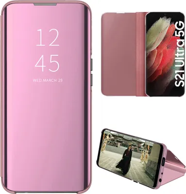 Obrázek produktu pro Pouzdro pro Samsung Galaxy S21 Ultra 5G průhledné zrcadlové flipové pouzdro,Polyuretankůže, s funkcí stojánku Růžové zlato