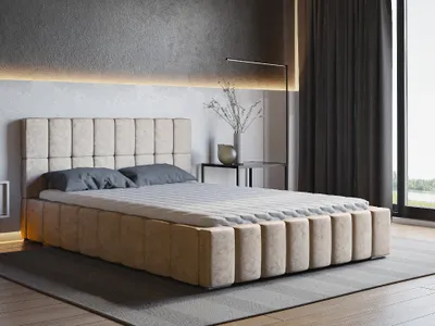 Produktbild von Polsterbett ALMA mit Kopfteil, 140 x 200 cm, Doppelbett mit Bettkasten und Lattenrost aus Holz, Velourstoff:  Beige