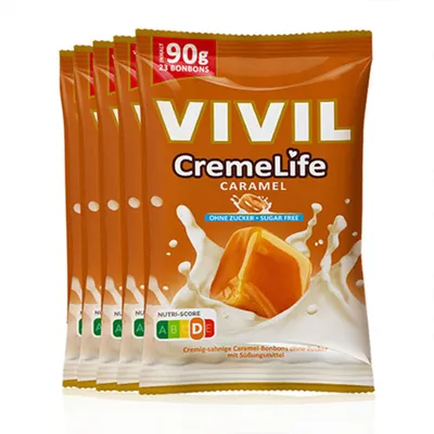 A stack of five VIVIL CremeLife Caramel sugar-free candy bags.