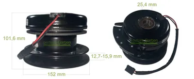 Two views of a black electromagnetic clutch for a lawn tractor, with dimensions indicated.