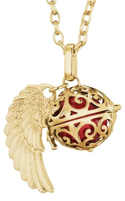 Produktbild von Morella Damen Halskette gold Edelstahl 70 cm mit goldenem Anhänger Engelsflügel und Klangkugel rot Ø 16 mm in Schmuckbeutel