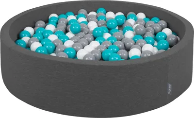 Zdjęcie produktu dla KiddyMoon suchy basen okrągły z piłeczkami 7cm 120x30 ciemnoszary: szary-biały-turkus 120x30/200piłek zabawka basen piankowy
