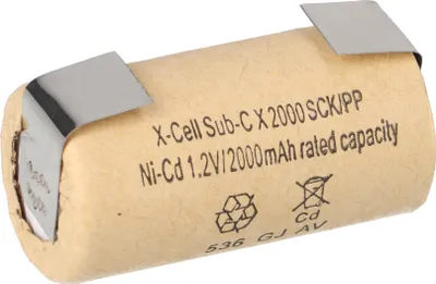 A single battery cell with metal tabs on a light gray background.