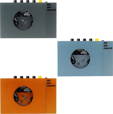 Three portable cassette players in different colors.
