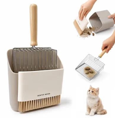 Productafbeelding van Kattenbakschep set van roestvrij staal met veegschep en reinigingsborstel