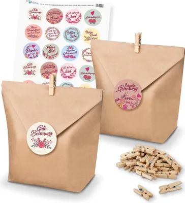 Produktbild von itenga SET Geschenktüten Vintage Blumen Sprüche (Motiv 66) 24 x Tüten + Klammern