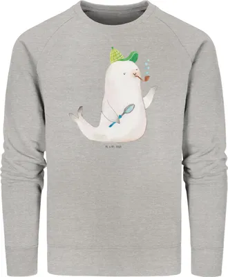 Produktbild von Mr. & Mrs. Panda Nachhaltiger Pullover Robbe Sherlock Größe XS - Heather Grey - Geschenk, Baumwoll, Sweatshirt, Bio, Sweater, Pulli, Lustige Sprüche