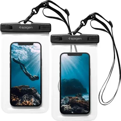 Two waterproof phone cases with phones inside showing underwater scenes.