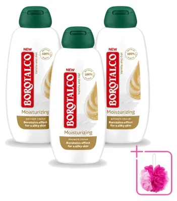 Imagen del producto de 3 unidades de gel de ducha hidratante Borotalco, aroma vainilla y avena, 250 ml, pack ahorro