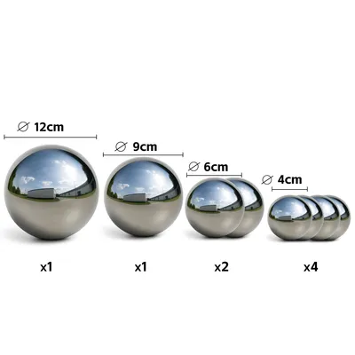 Obrázek produktu pro Köhko sada 8 dekoračních koulí ve 4 různých velikostech (1×Ø12 cm, 1×Ø9 cm, 2×Ø6 cm a 4×Ø4 cm) Leskle leštěné nerezové koule do zahrady a na jezírko