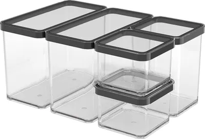 A set of five clear plastic food storage containers with gray lids, arranged in a group.