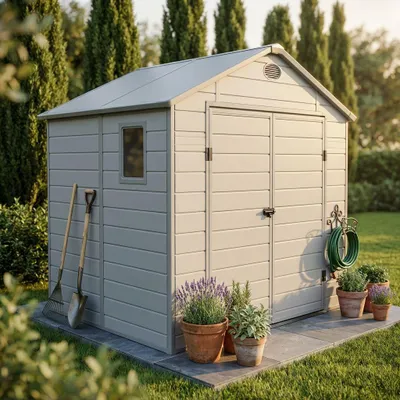 Immagine prodotto di Milani Home - casetta porta attrezzi da giardino in resina, grigio chiaro, 190 x 192 x 226 cm