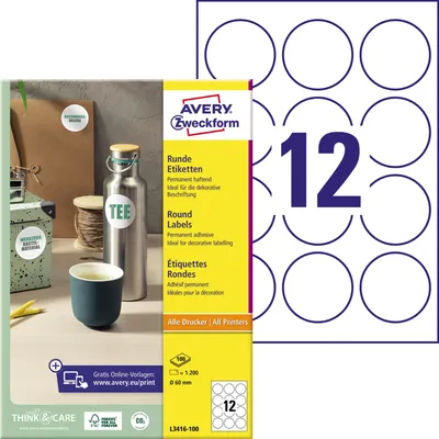 Obrázok produktu pre Avery Zweckform L3416-100 Etikety v špeciálnych formátoch, Ø 60 mm, 100 listov/1 200 etikiet, biele