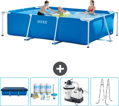 Produktbild von Intex-Schwimmbecken mit rechteckigem Rahmen – 300 x 200 x 75 cm – Blau – im Lieferumfang enthalten Abdeckung - Wartungspaket - Filterpumpe für Schwimmbad - Leiter