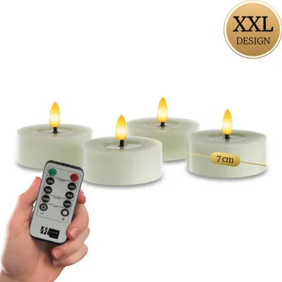 Produktbild von Meisterhome® XXL LED Teelichter 4er-Set – Flammenlose Kerzen aus echtem Wachs – Ø 7 cm, Höhe 3 cm – Warmweißes flackerndes Licht – Mit Timer & Fernbedienung – Batteriebetrieben, Farbe:Sage