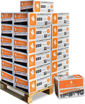 A large stack of cardboard boxes containing firewood briquettes, arranged on a wooden pallet.
