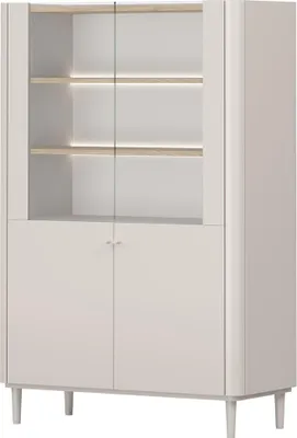 Produktbild von Wohnzimmer Highboard Vitrine mit 100 cm Breite in Beige mit Eiche, inkl. LED Beleuchtung, 2-türig, Holzfüße - ELOY-141