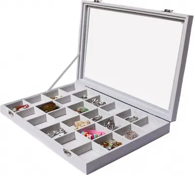 Produktbild von Schmuckkasten Schmucklade Schaukasten Schmuckdisplay mit Glasdeckel mit 24 Fächern weiss