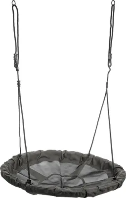 A dark gray nest swing hanging from two ropes against a white background.