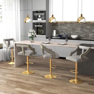 Immagine prodotto di Set di sgabelli da bar - Grigio e oro - Seduta in velluto - Altezza regolabile - Con schienale