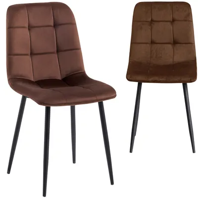 Two brown velvet chairs with black metal legs are shown against a white background.