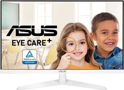 A marketing image for an ASUS monitor, featuring two children and branding.