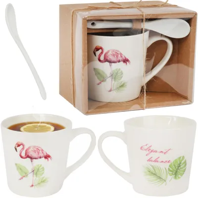 Image de Set cadeau mug et cuillère en céramique avec flamant rose et feuilles