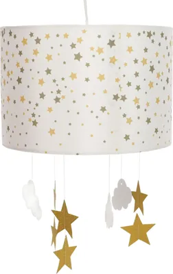 A hanging lamp for a child's room with a star and cloud theme.
