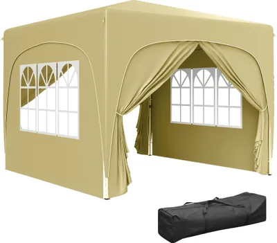 A tan pop-up gazebo with windows and a carrying bag shown in front of a white background.
