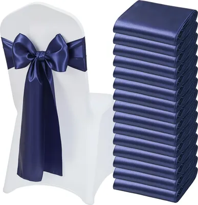 Zdjęcie produktu dla Satynowe kokardki na krzesła – zestaw 50 sztuk – 275 x 17 cm – szarfy i wstążki na krzesła – do zawiązania – na wesele, imprezę i bankiet – granatowe