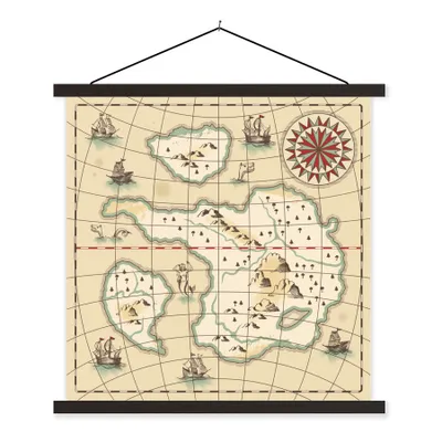 Produktbild von MuchoWow® Textilposter Illustration einer Schatzkarte für Kinder mit Fantasie-Meerestieren und Schiffen 60x60 cm mit schwarzem Rahmen - Posteraufhänger