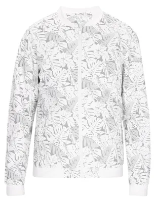 Produktbild von Herren Bomberjacke aus 100% Polyester mit Allover-Blätterprint, geripptem Stehkragen, Weiss, Größe XL