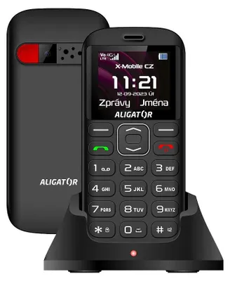 A black ALIGATOR A720 4G senior mobile phone with its charging dock, presented against a light gray background.