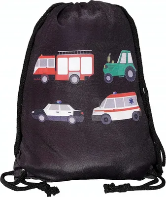 Produktbild von HECKBO Kinder Turnbeutel Jungen, Jungs | beidseitig mit Feuerwehr, Traktor, Krankenwagen, Polizei bedruckt (schwarz) | für Kindergarten, Krippe, Reise, Fussball, Turnen, Schule