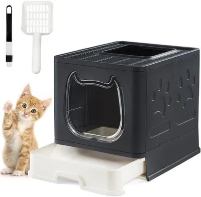 Image de Cage de transport pliable pour chat avec couvercle et pelle, noire