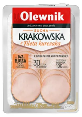 Zdjęcie produktu dla Krakowska kiełbasa sucha z filetem z kurczaka plastry 90 g Olewnik