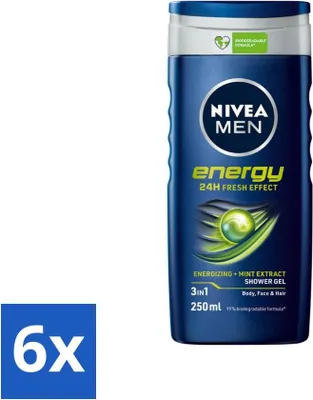 Image de Nivea Men Energy Gel douche - Sensation de fraîcheur durable - 250 ml - Pack avantage - 6 pièces