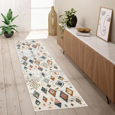 Produktbild von Teppich Läufer Flur Schlafzimmer Kurzflor Modern Pastell Boho Skandi Rautenmuster Grösse 80x150 cm